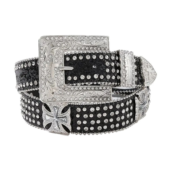 Black Rhinestone Cross Western Belt