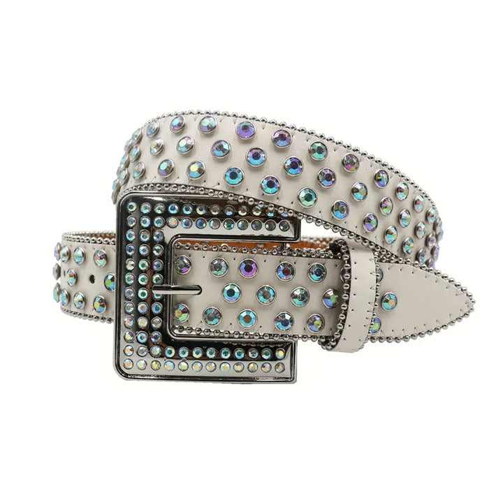 White Iridescent Rhinestone Western Belt