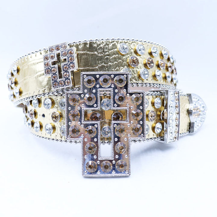 Dazzling Rhinestone Belt with Unique Cross-Shaped Buckle