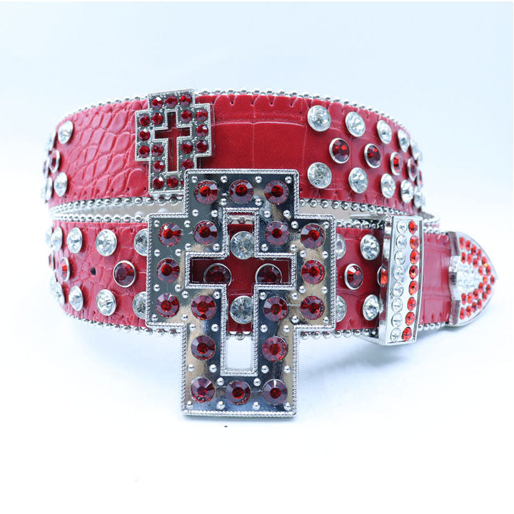 Dazzling Rhinestone Belt with Unique Cross-Shaped Buckle