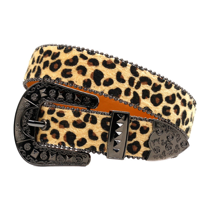 Leopard Print Fur Belt with Black Studded Buckle