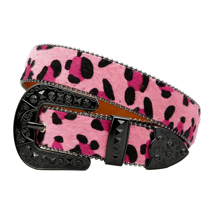 Leopard Print Fur Belt with Black Studded Buckle