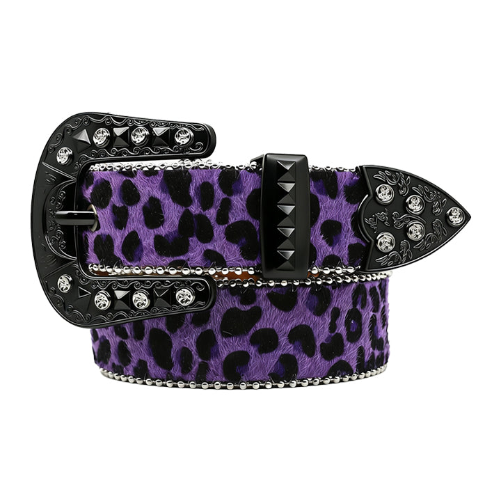 Leopard Print Fur Belt with Black Studded Buckle