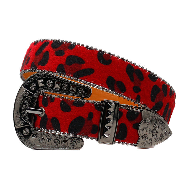 Leopard Print Fur Belt with Black Studded Buckle