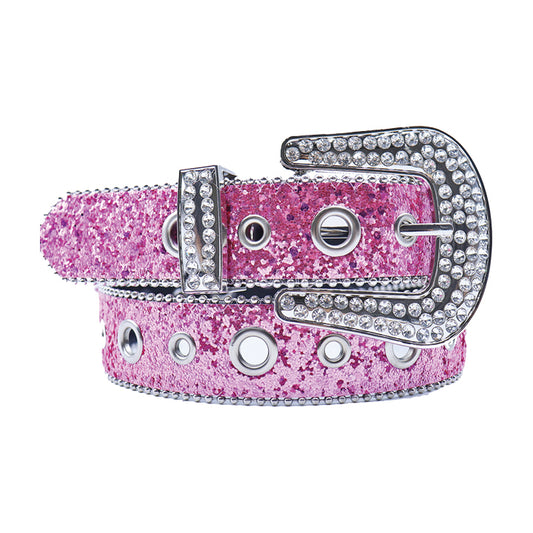 Pink Luxury Glitter Rhinestone Belt with Crystal Buckle and Western Shine
