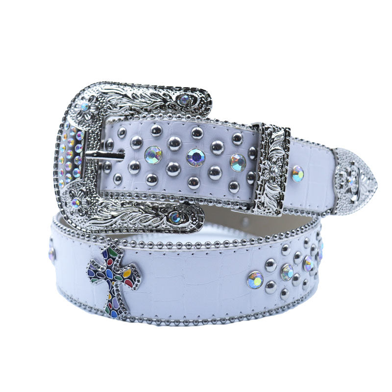 White Western Cross Rhinestone Studded Cowboy Belt