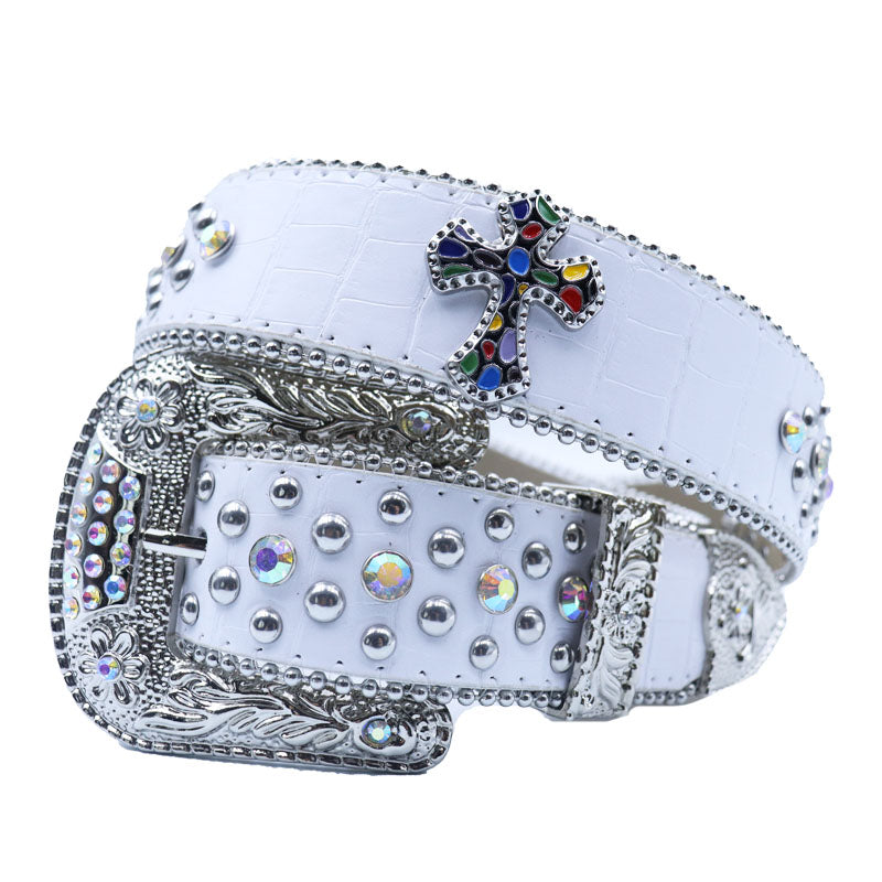 White Western Cross Rhinestone Studded Cowboy Belt