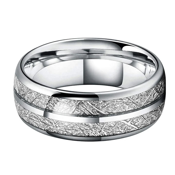 8mm Silver Tungsten Carbide Ring with Meteorite Inspired Inlay