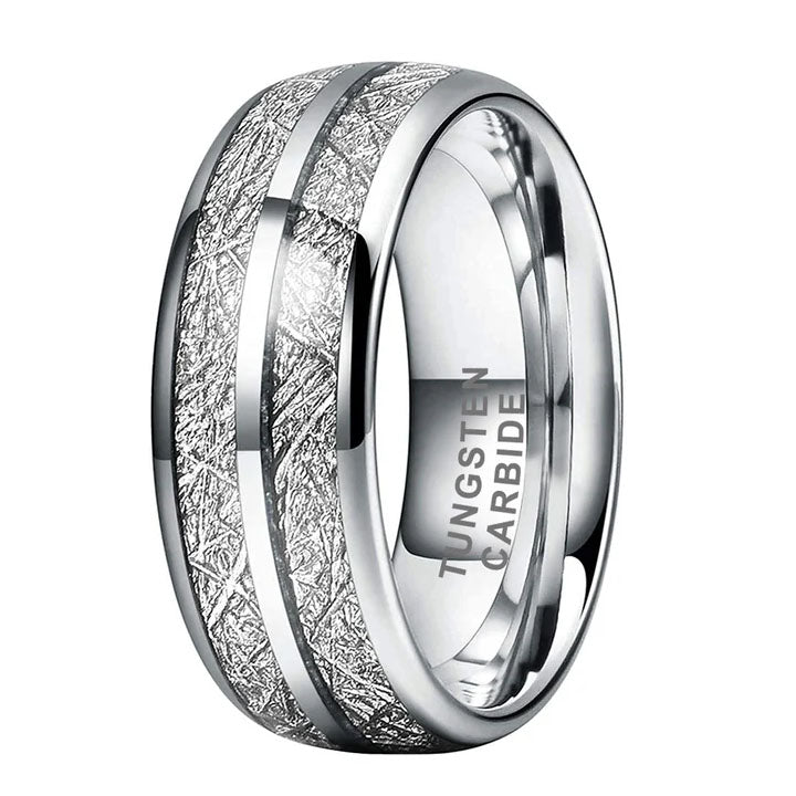 8mm Silver Tungsten Carbide Ring with Meteorite Inspired Inlay