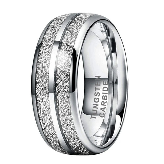 8mm Silver Tungsten Carbide Ring with Meteorite Inspired Inlay