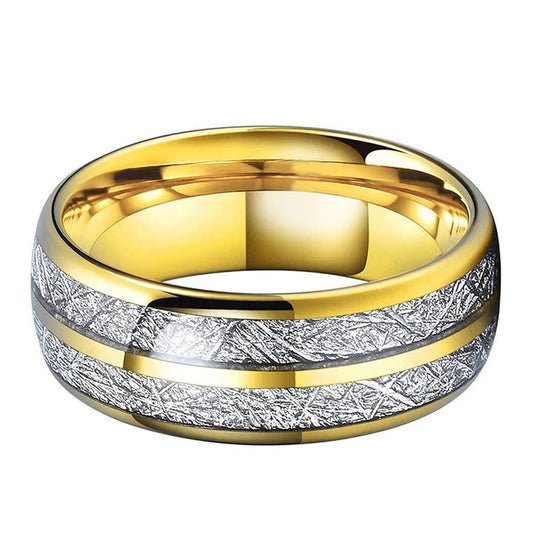 8mm Luxurious Gold Tungsten Carbide Ring with Meteorite Inlay