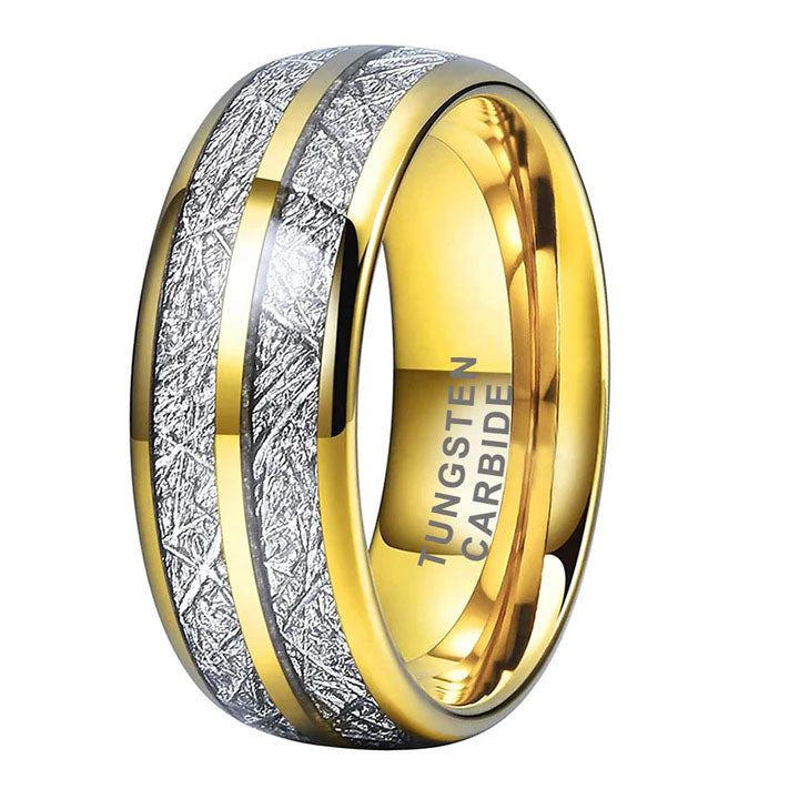 8mm Luxurious Gold Tungsten Carbide Ring with Meteorite Inlay