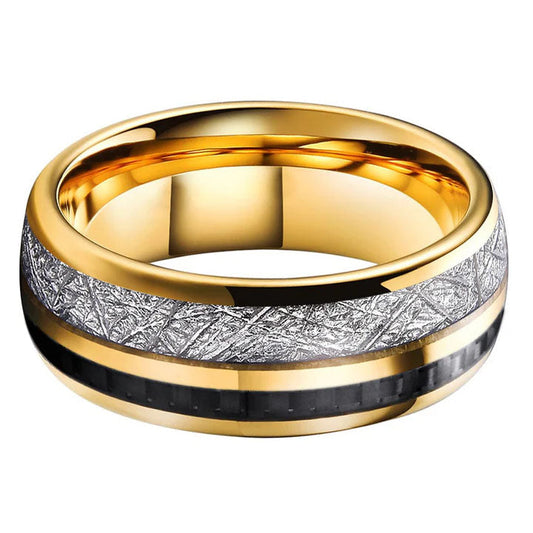 8mm Gold Tungsten Carbide Ring with Meteorite & Carbon Fiber Inlay