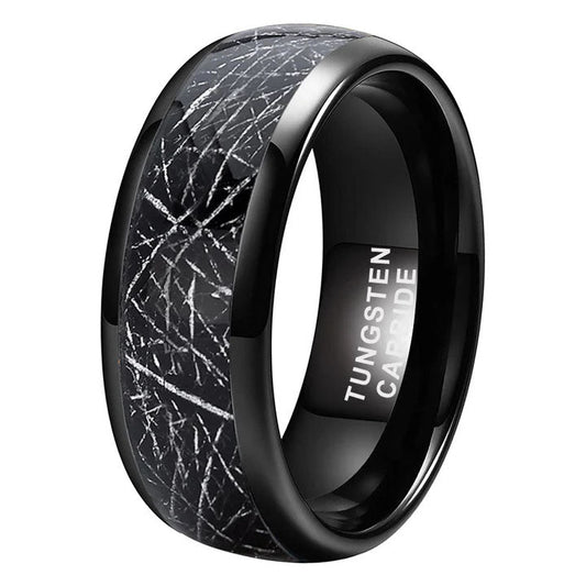 8mm Black Tungsten Carbide Ring with Meteorite-Inspired Inlay