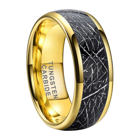 8mm Black Tungsten Carbide Ring with Meteorite-Inspired Inlay