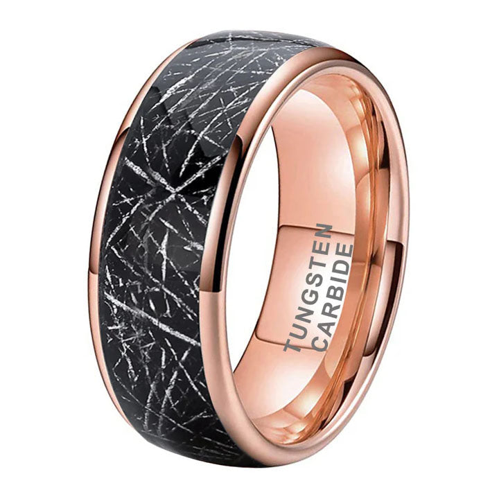 8mm Black Tungsten Carbide Ring with Meteorite-Inspired Inlay