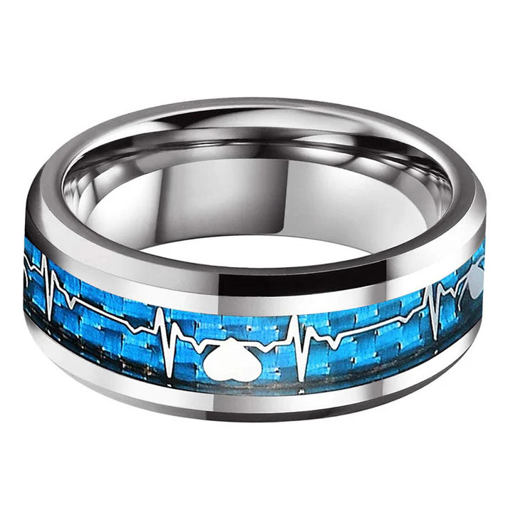 8mm Tungsten Carbide Ring with Blue Inlay and Heartbeat Design