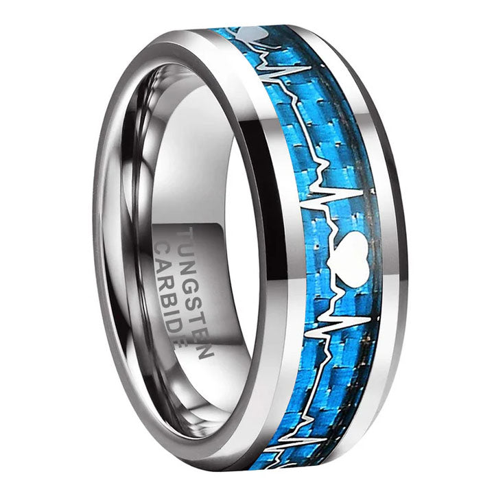 8mm Tungsten Carbide Ring with Blue Inlay and Heartbeat Design
