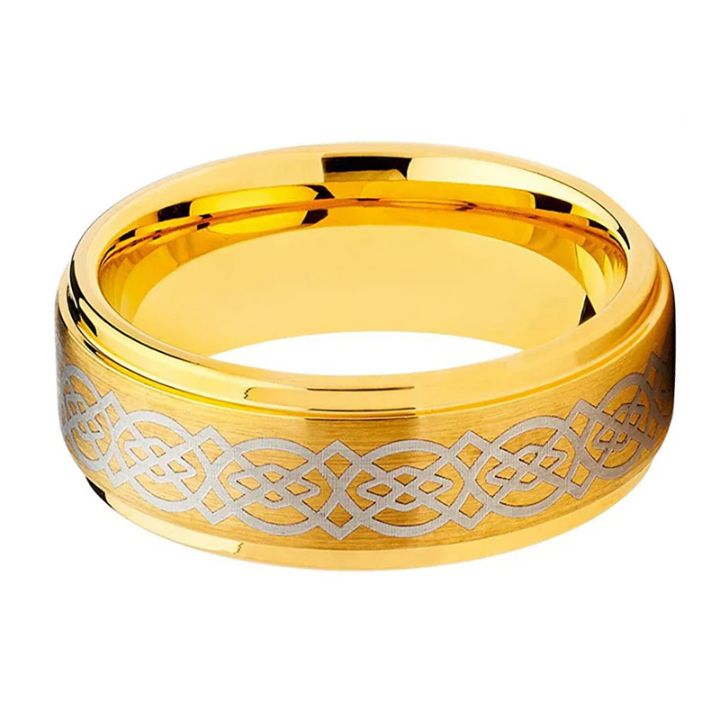 8mm Gold Tungsten Carbide Ring with Silver Celtic Engraving