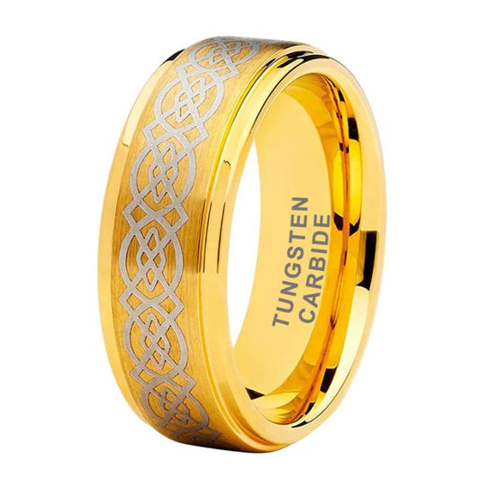 8mm Gold Tungsten Carbide Ring with Silver Celtic Engraving