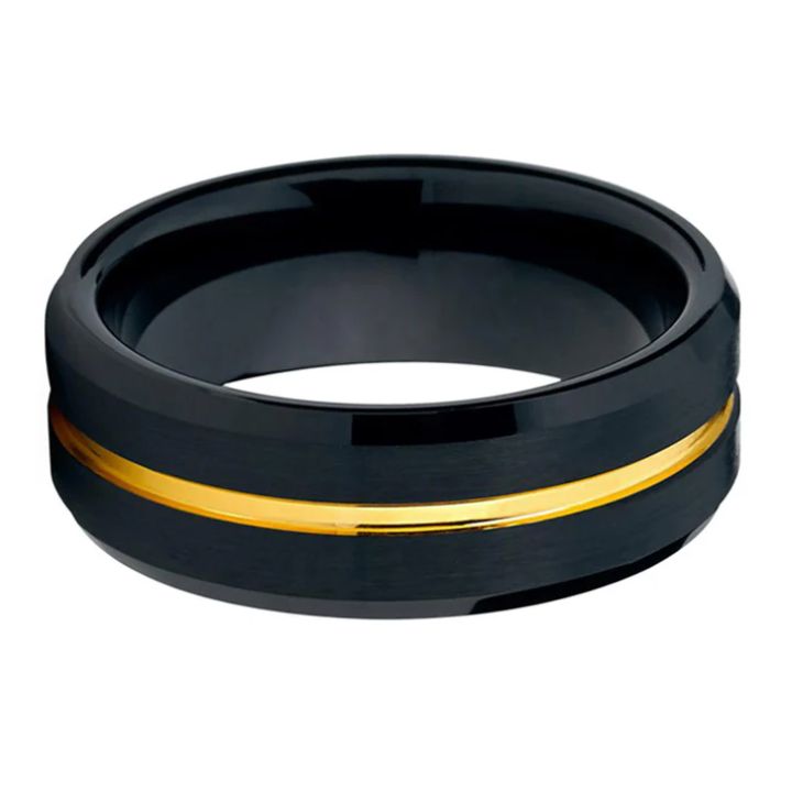 8mm Black Tungsten Carbide Ring with Gold Inlay