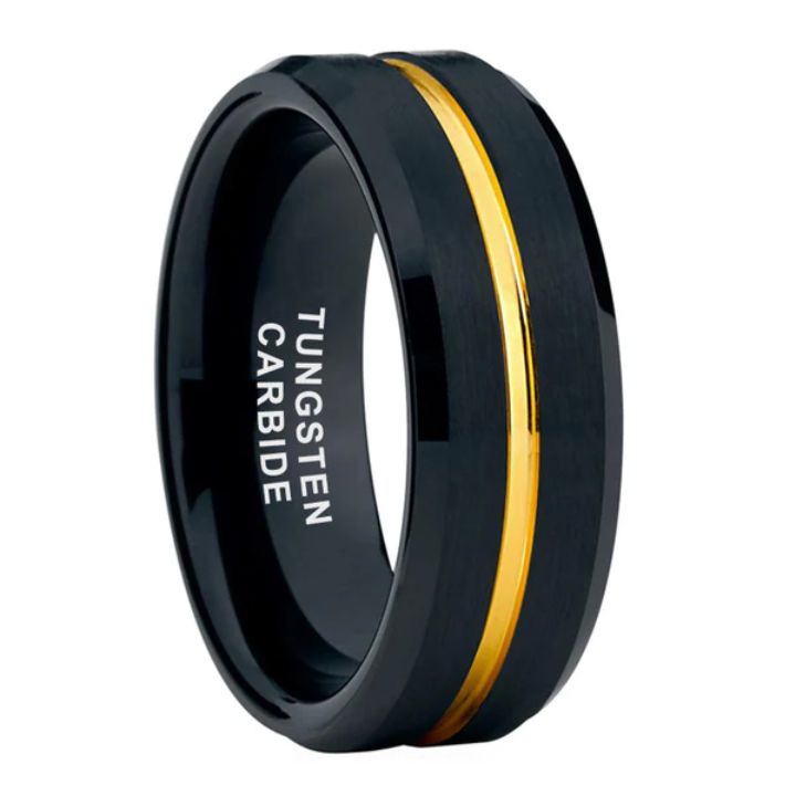 8mm Black Tungsten Carbide Ring with Gold Inlay