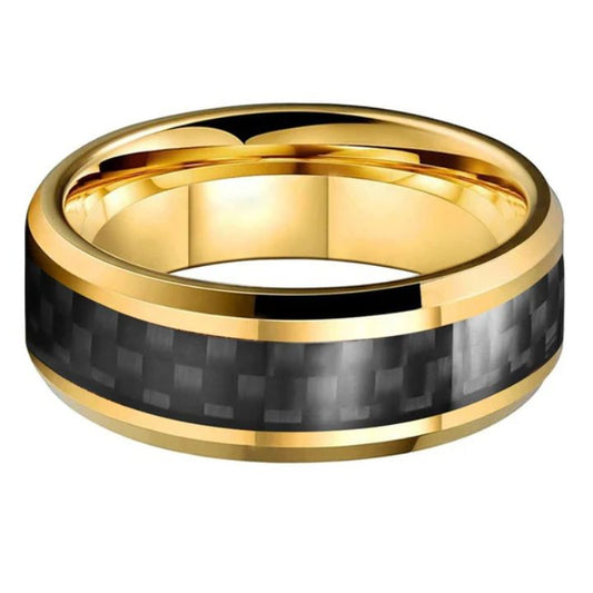 8mm Gold & Black Carbon Fiber Tungsten Carbide Ring