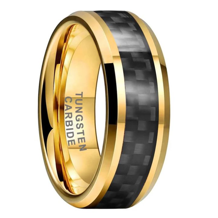 8mm Gold & Black Carbon Fiber Tungsten Carbide Ring