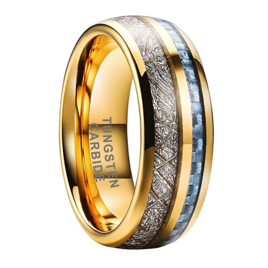 8mm Gold Tungsten Carbide Ring with Meteorite & Blue Carbon Fiber Inlay