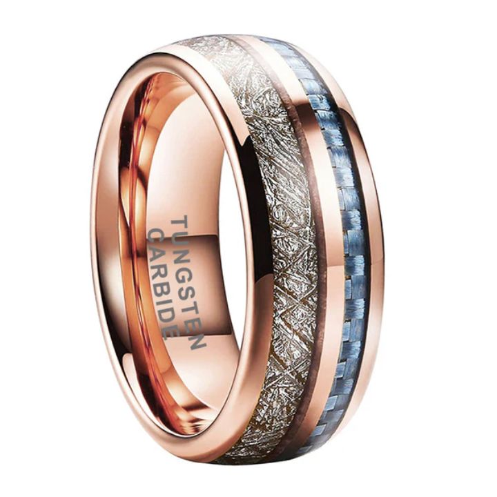 8mm Gold Tungsten Carbide Ring with Meteorite & Blue Carbon Fiber Inlay