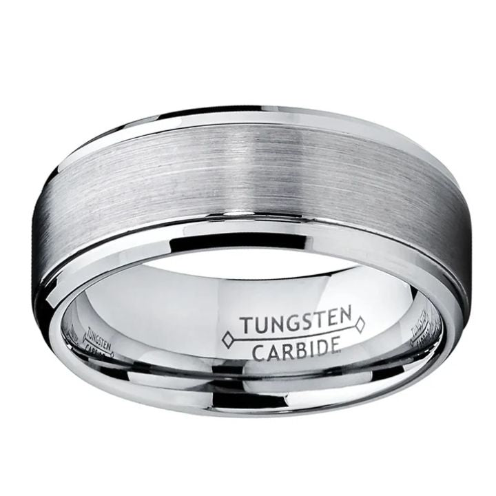 8mm Brushed Silver Tungsten Carbide Ring with Polished Edges