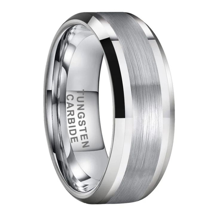 8mm Brushed Silver Tungsten Carbide Ring with Polished Edges