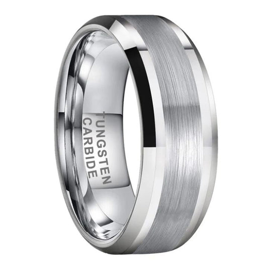 8mm Brushed Silver Tungsten Carbide Ring with Polished Edges