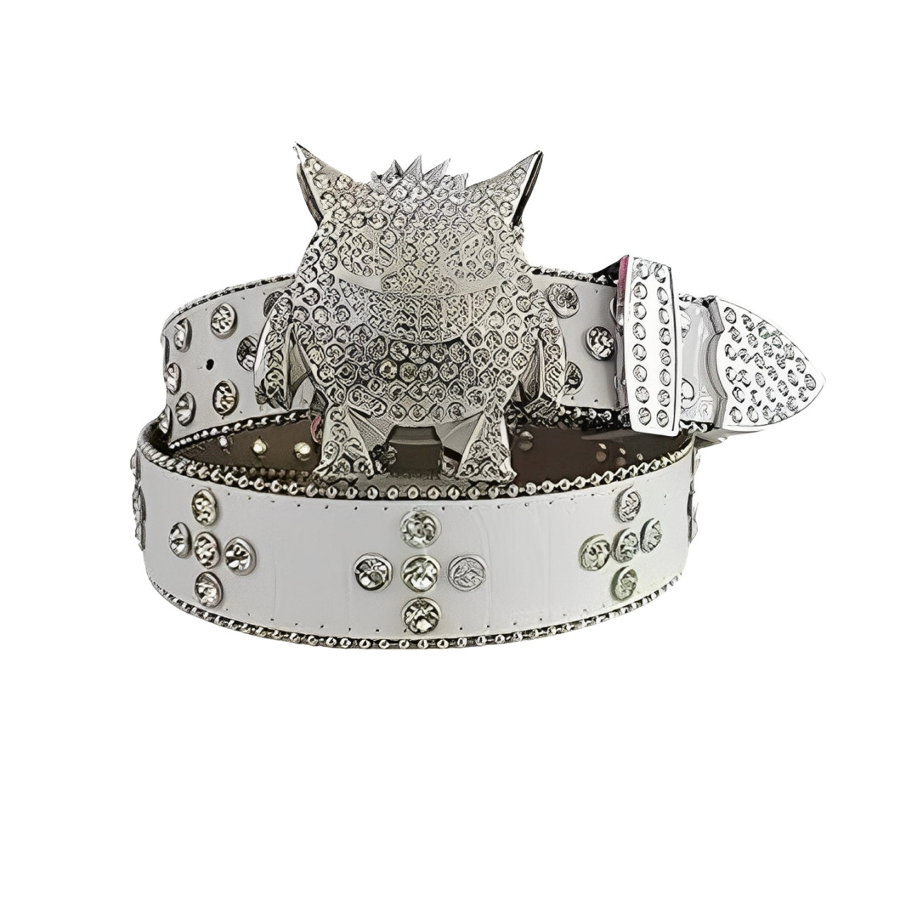 White Rhinestone Belt with Crystal Embellished Monster Buckle