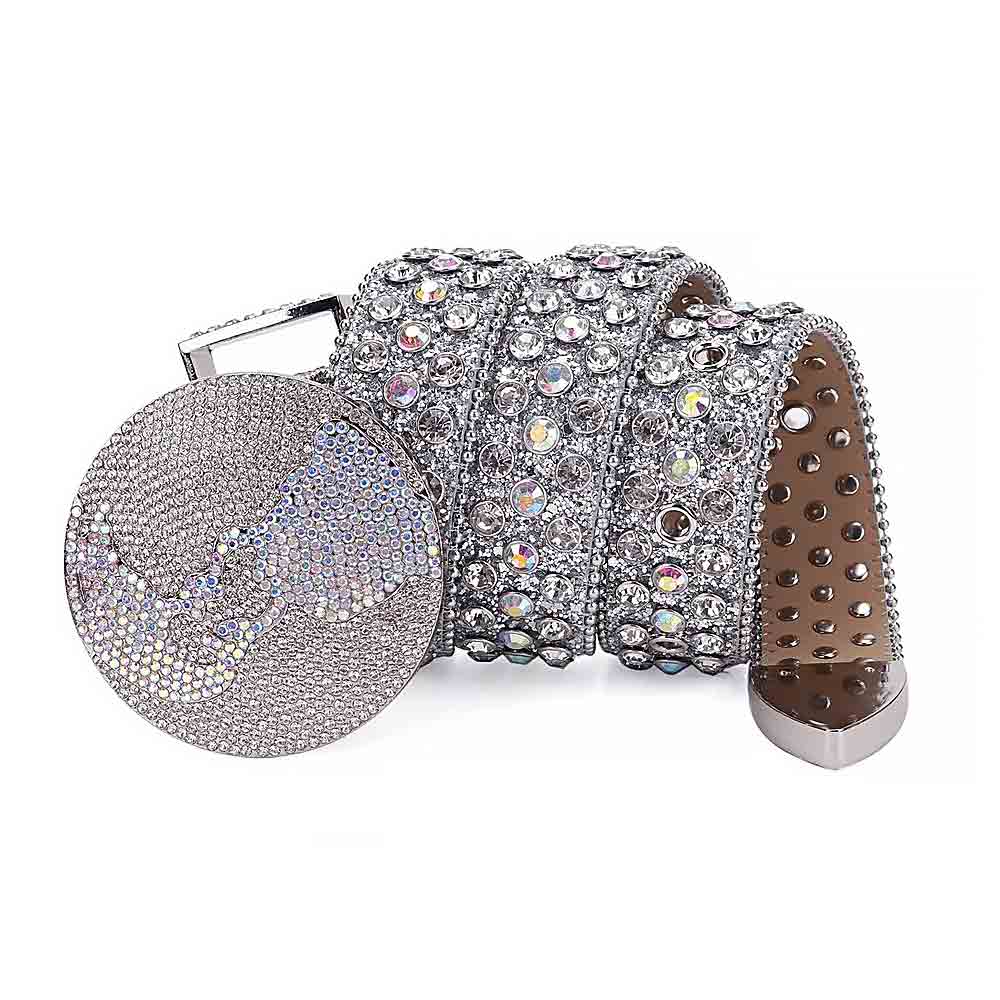 Globe Style World Buckle Silver White Strap With White & Multi Studded Rhinestone Belt