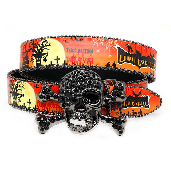 Skull Buckle Orange Strap Halloween Rhinestone Belt