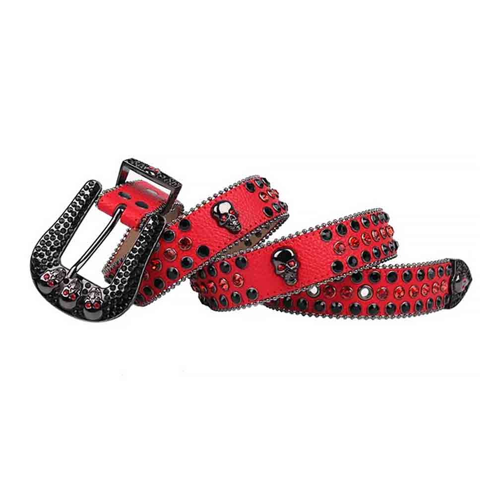 Red Strap With 7 Skulls Red & Black Studded Rhinestone Belt