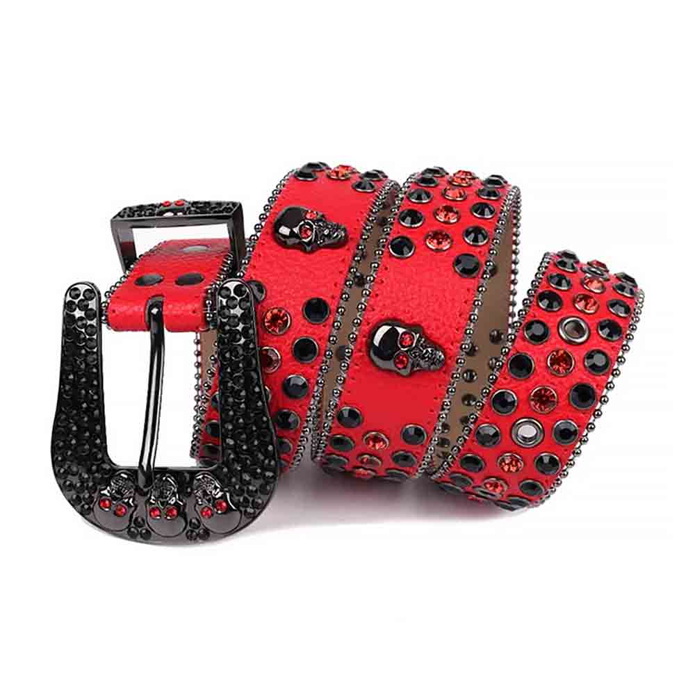 Red Strap With 7 Skulls Red & Black Studded Rhinestone Belt