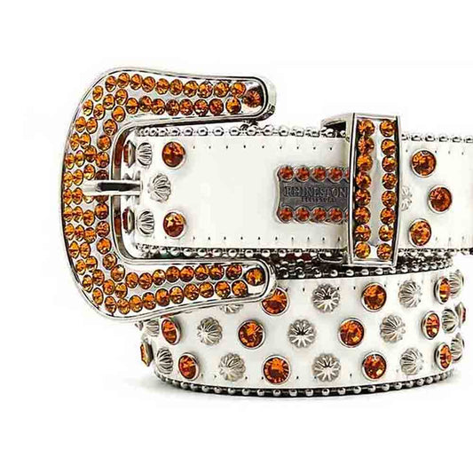 White BB Belt With Golden Crystal Rhinestone