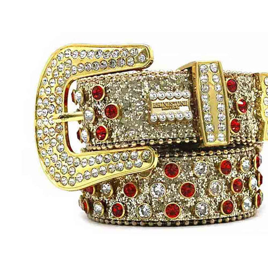 Gold Shiny Strap With Silver & Red Studded Rhinestone Belt