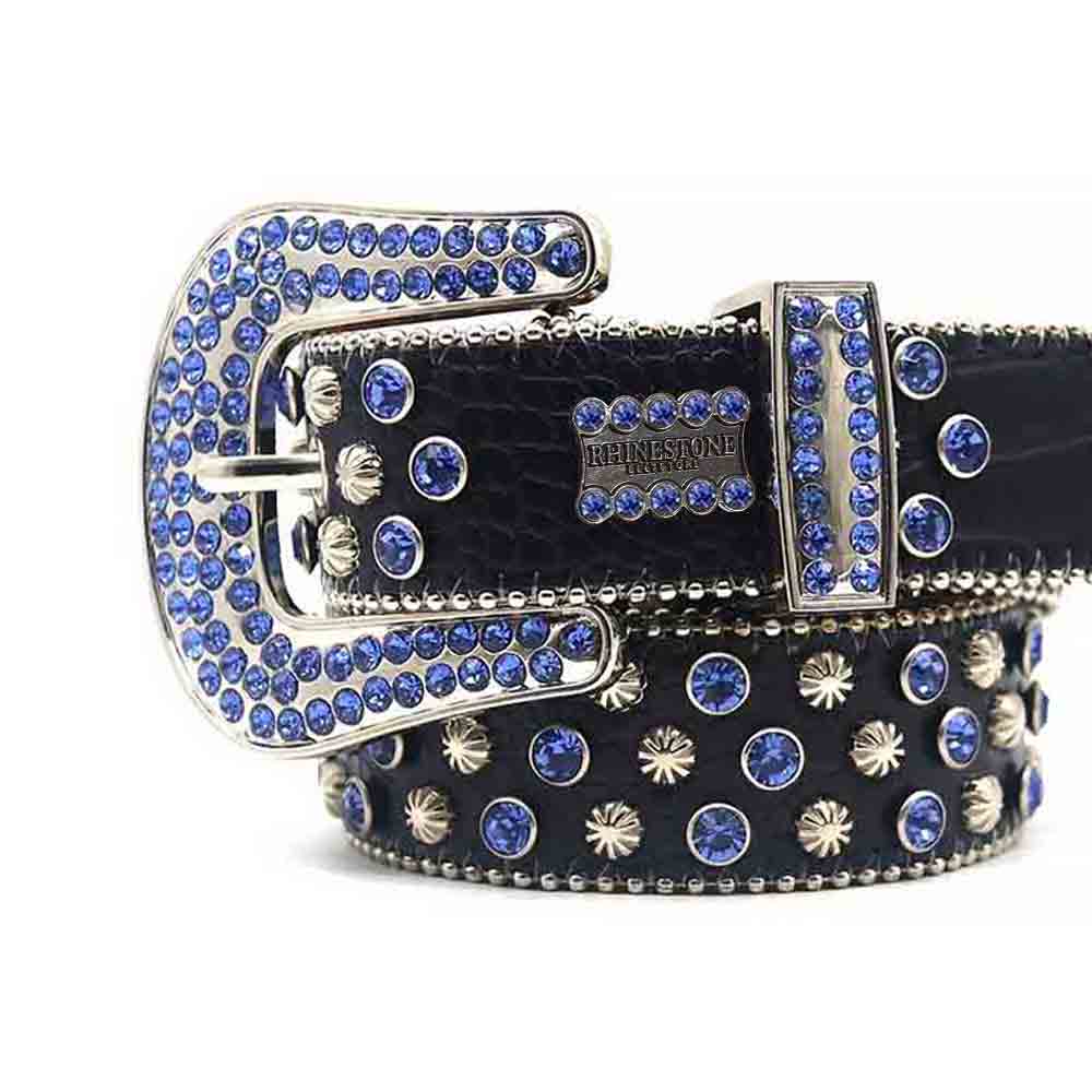Black Strap With Blue Diamond Silver Studded Rhinestone Belt