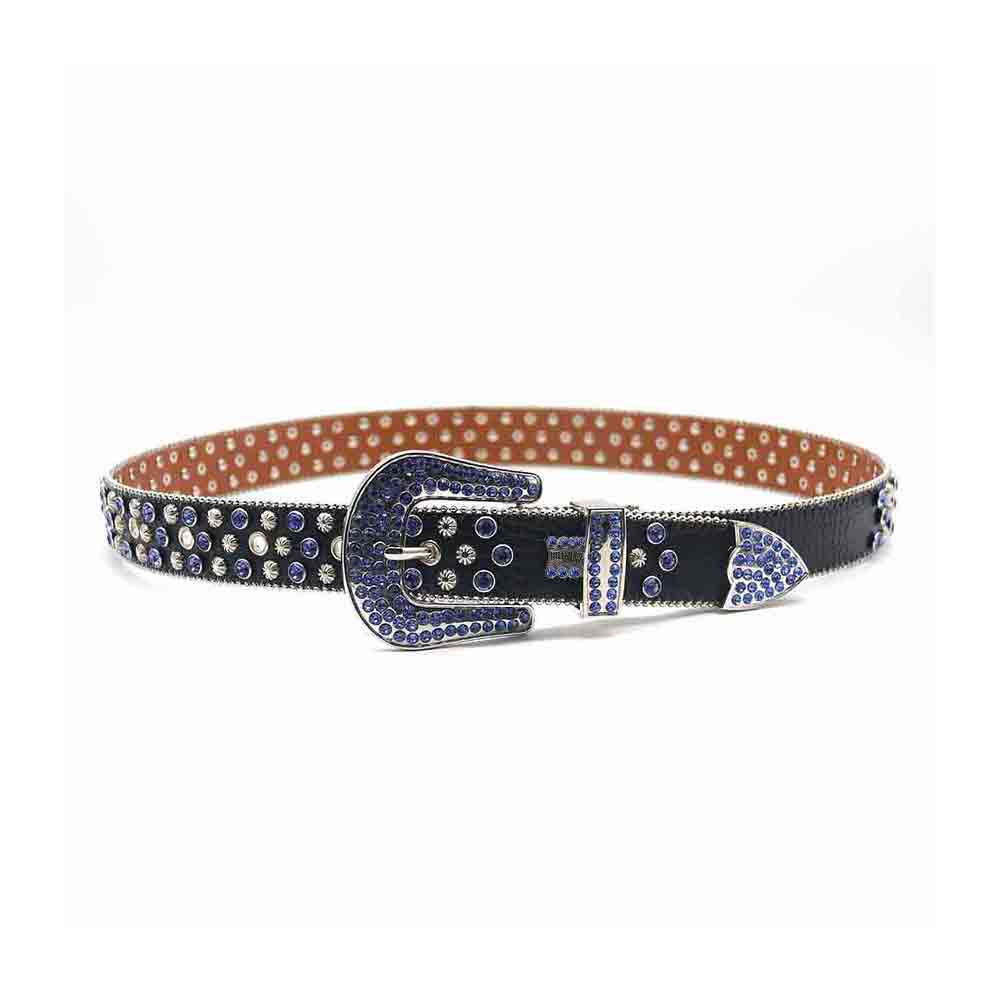 Black Strap With Blue Diamond Silver Studded Rhinestone Belt