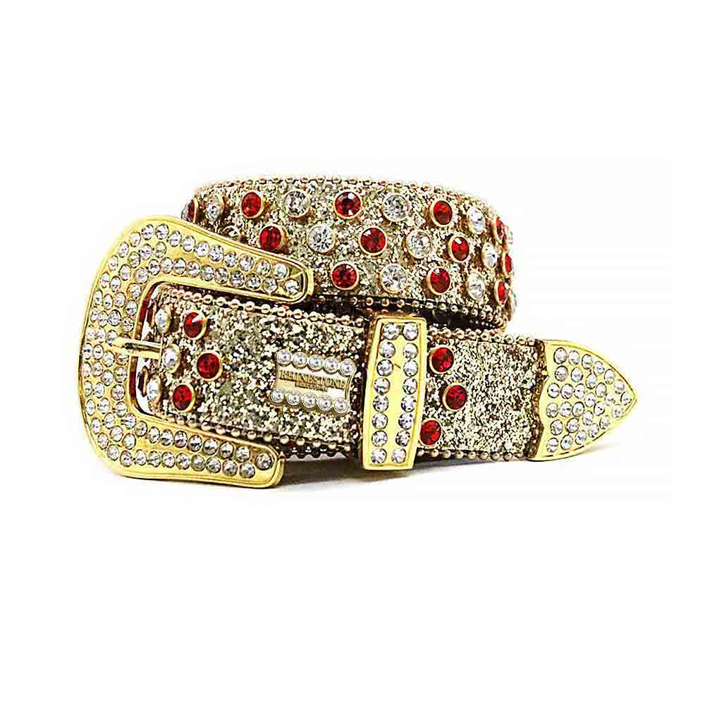 Gold Shiny Strap With Silver & Red Studded Rhinestone Belt