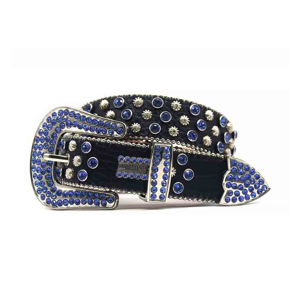 Black Strap With Blue Diamond Silver Studded Rhinestone Belt