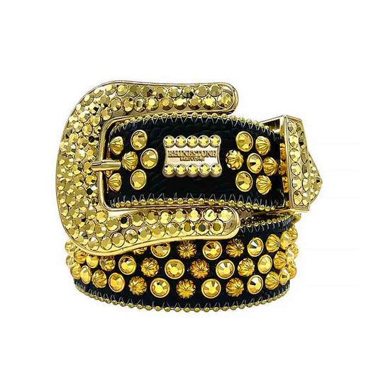 Black Strap With Gold Studded BB Rhinestone Belt