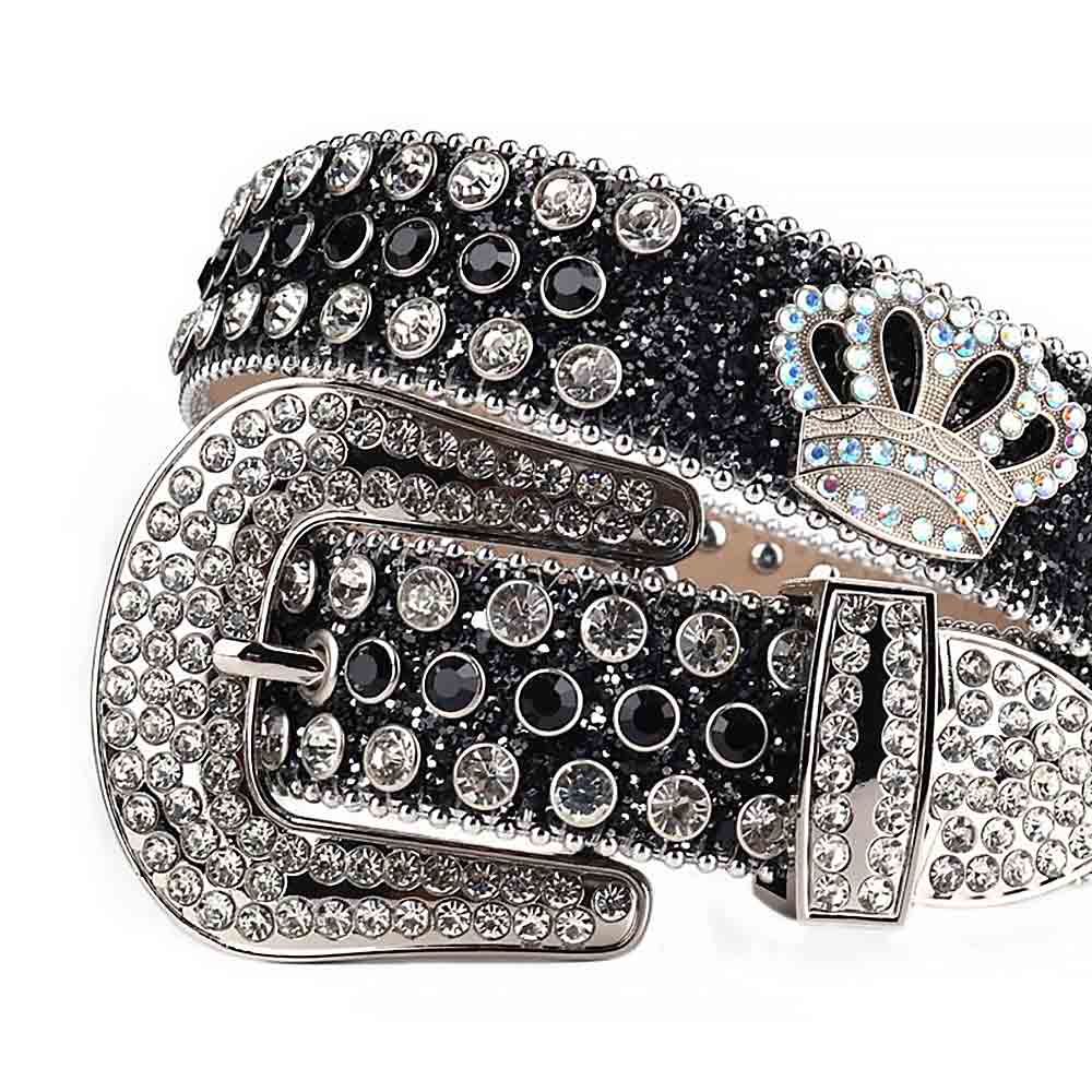 Sm  Rhinestones Black Leather Strap Belts Crystal White And Black Stones With Crown