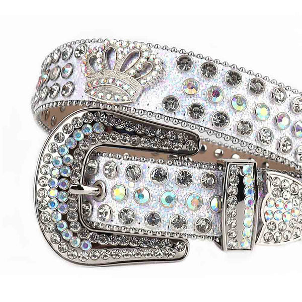 Sm  Rhinestones Leather Strap Belts Crystal White And White Multi Stones With Crown