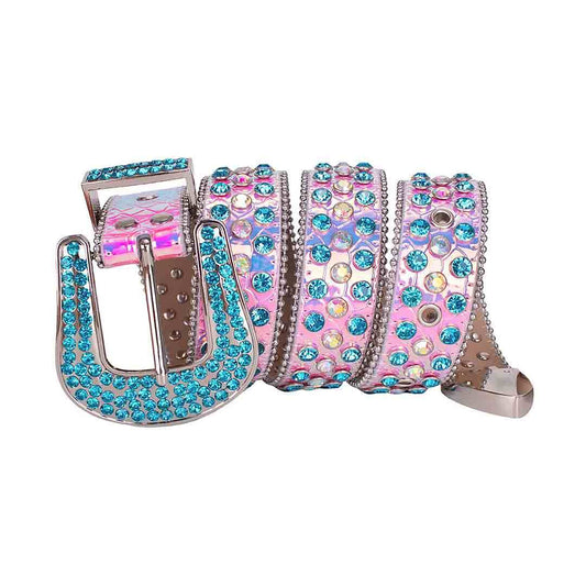 Pink Strap With Red & Blue Shiny Rhinestone Belt