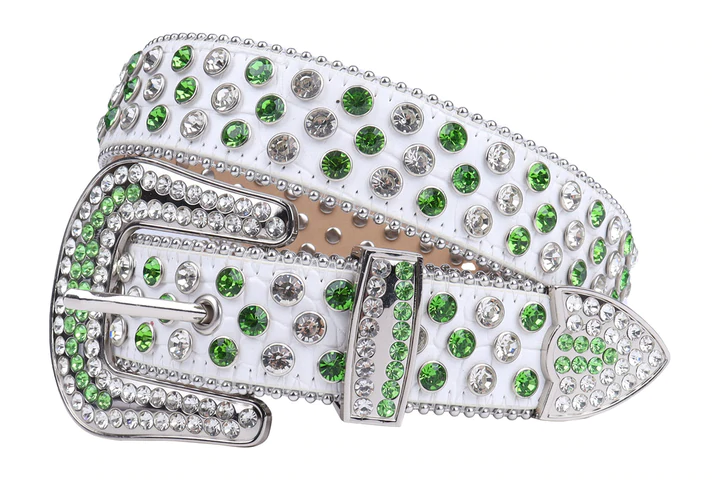 White Strap With Green & White Studded Rhinestone Belt