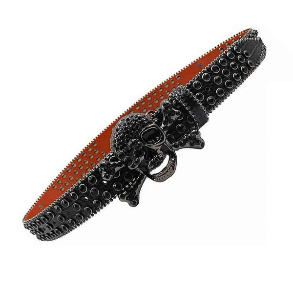 Metal Skull Black Crocodile Strap With Black Studded Rhinestone Diamond Belt